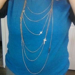 Multi Chain Gold Tone necklace w/Crosses EUC